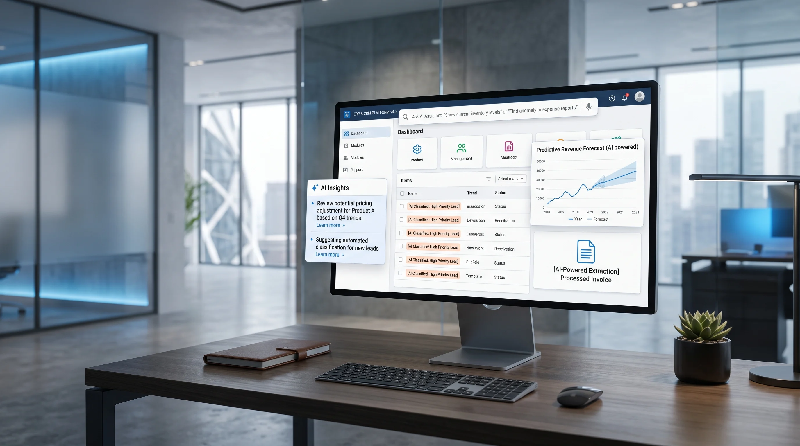 Dashboard com insights de inteligência artificial aplicados a um ERP