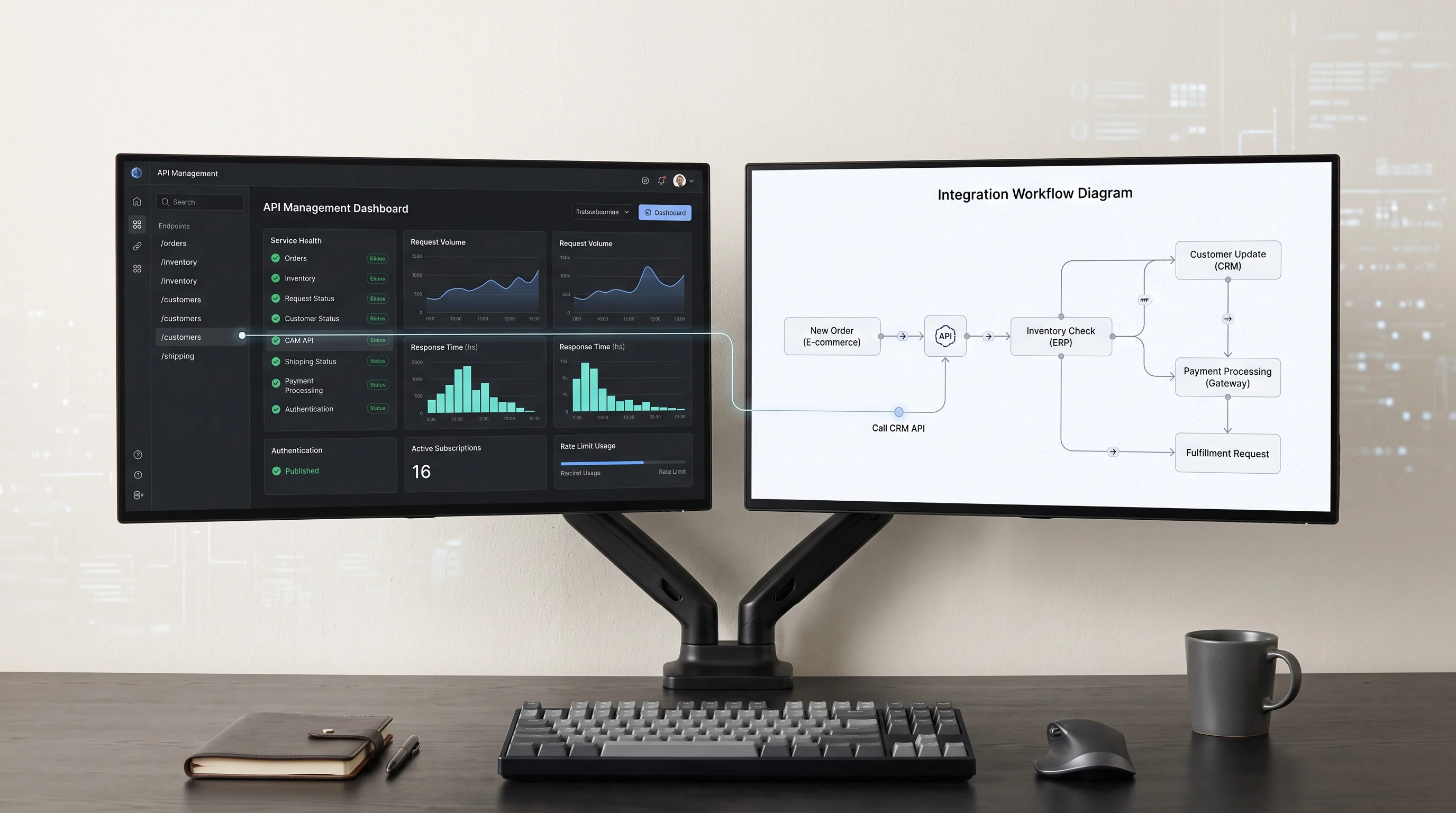 Diagrama de integração de API conectando sistemas de e-commerce, ERP e CRM