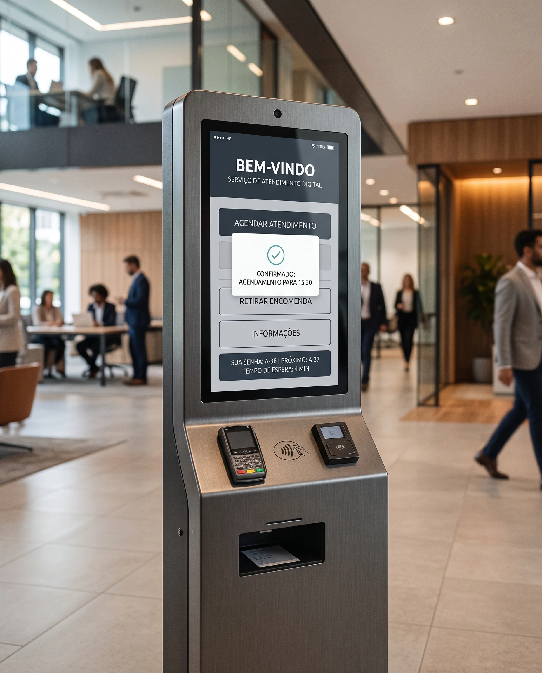 Totem de autoatendimento digital em ambiente corporativo